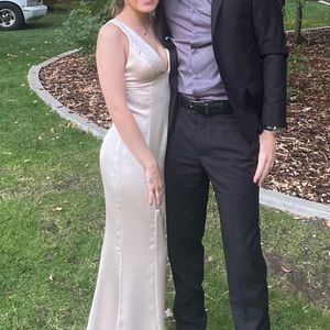 Deep V champagne bridesmaid dress